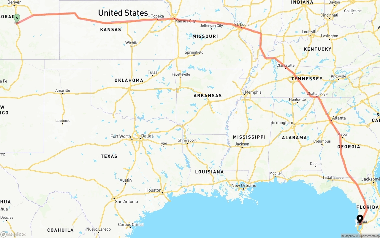 Shipping route from Colorado Springs to Tampa International Airport