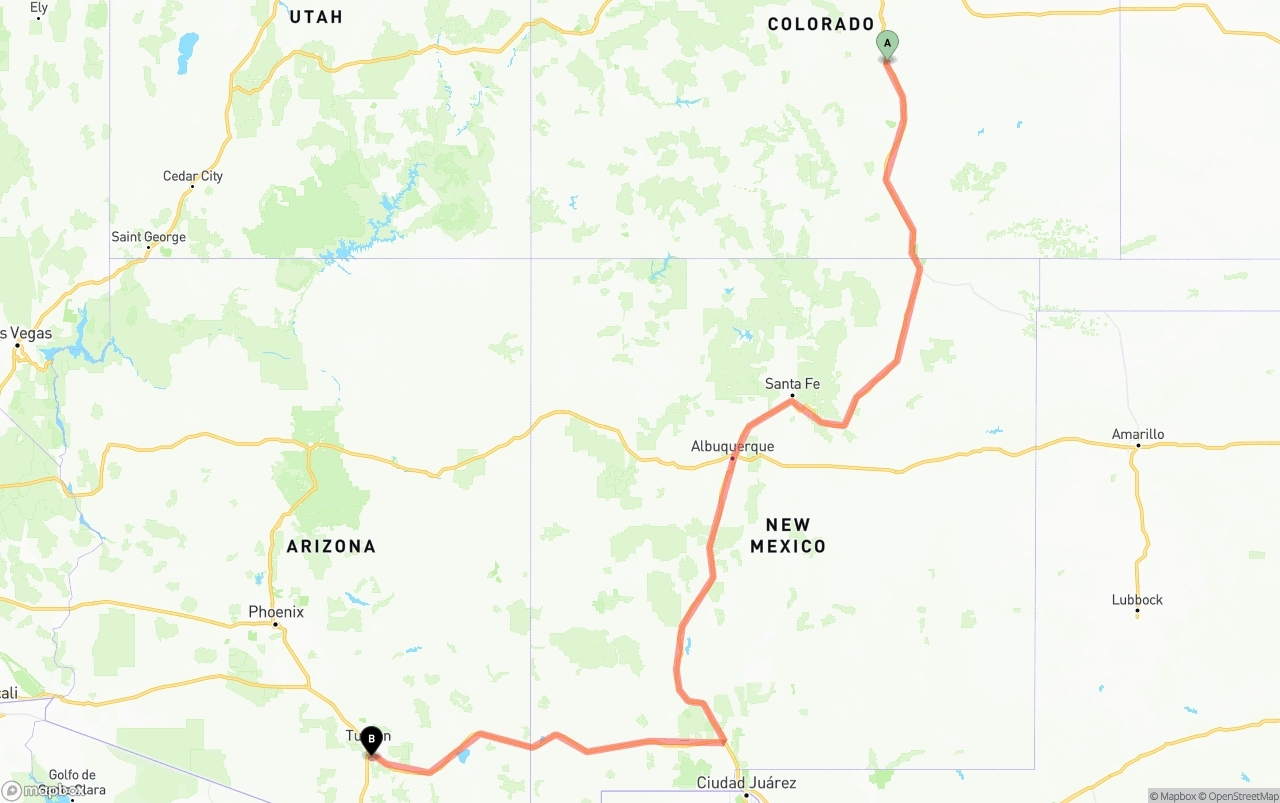 Shipping route from Colorado Springs to Tucson International Airport