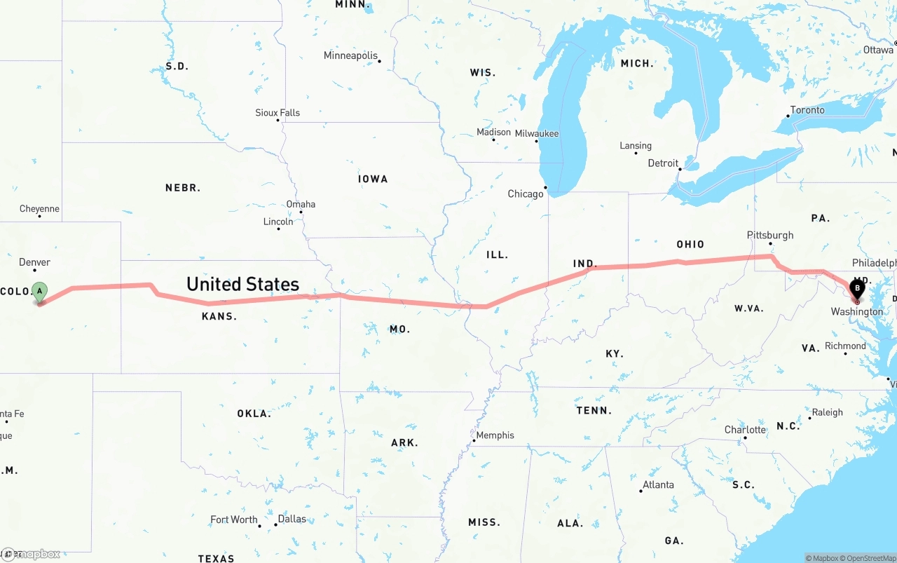 Shipping route from Colorado Springs to Washington D.C.