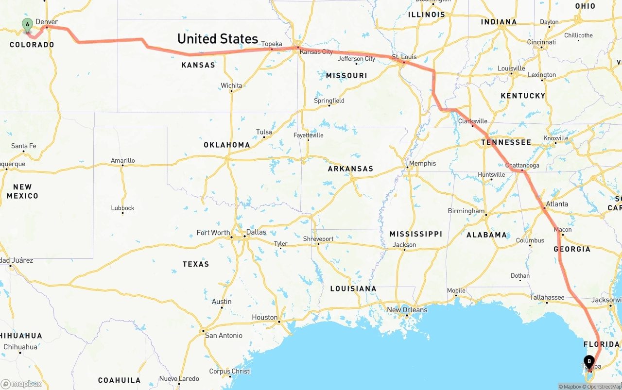 Shipping route from Colorado to Tampa International Airport