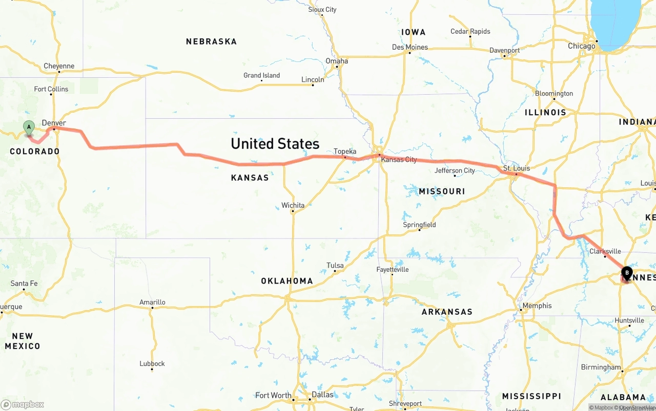 Shipping route from Colorado to Tennessee