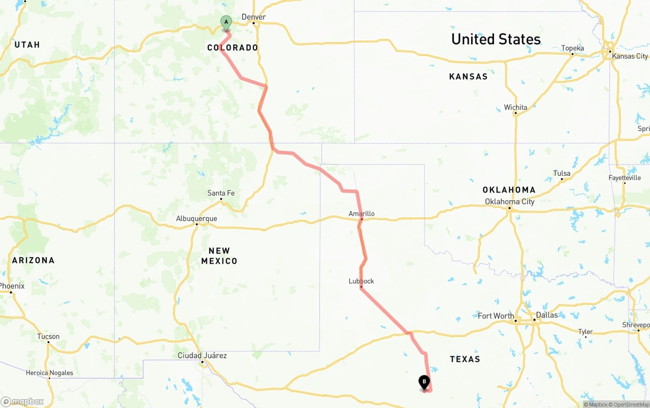 Shipping route from Colorado to Texas