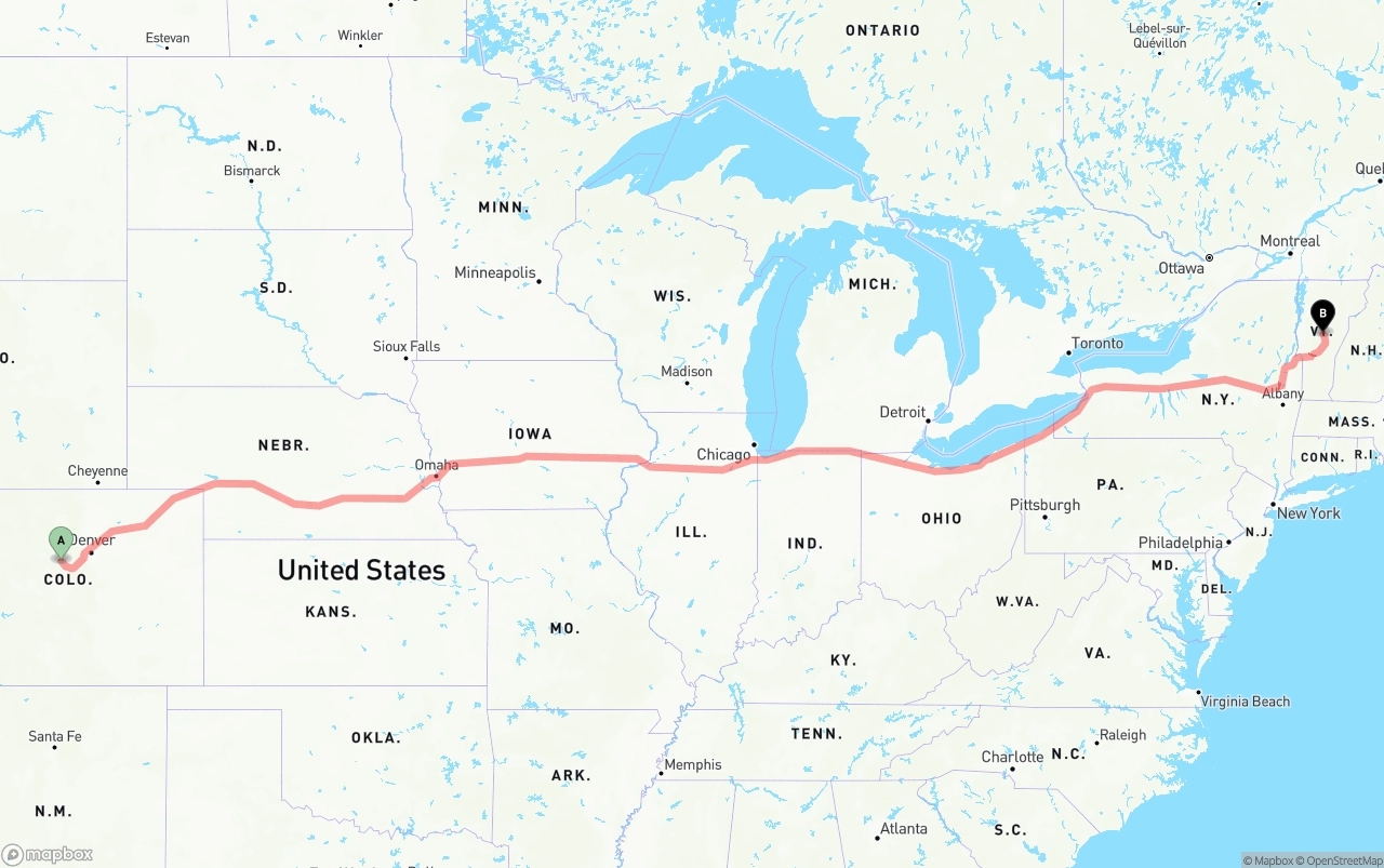 Shipping route from Colorado to Vermont