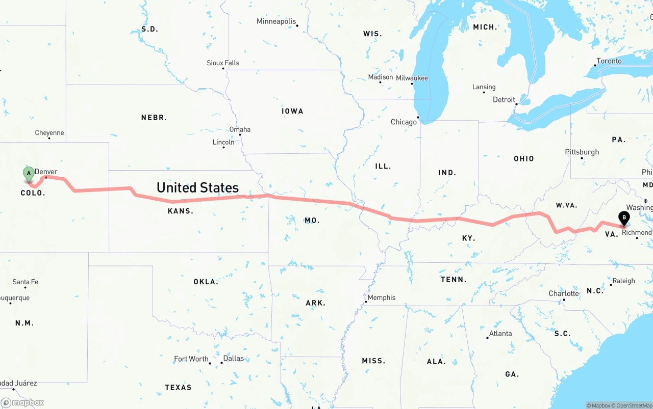 Shipping route from Colorado to Virginia
