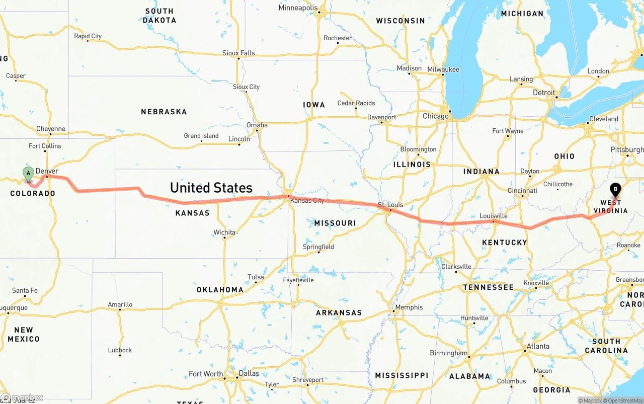 Shipping route from Colorado to West Virginia