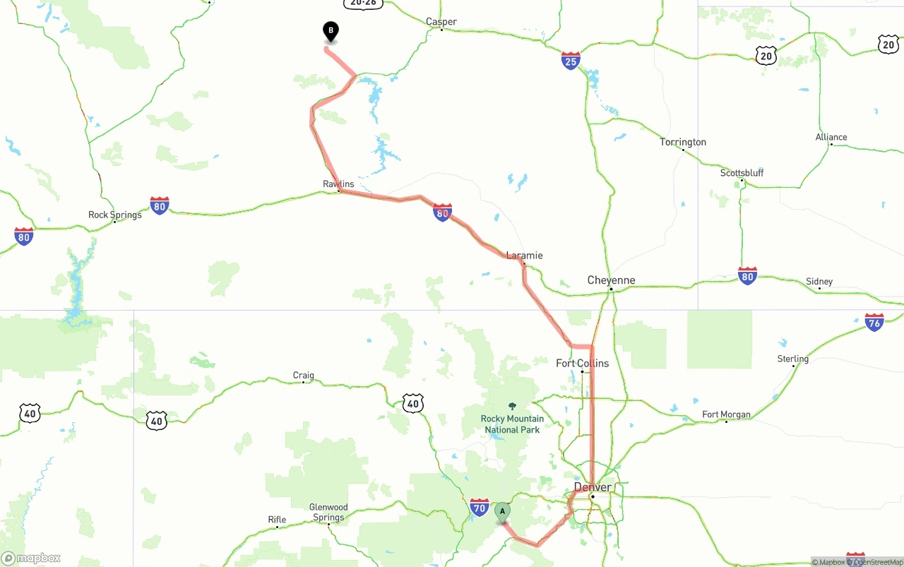 Shipping route from Colorado to Wyoming
