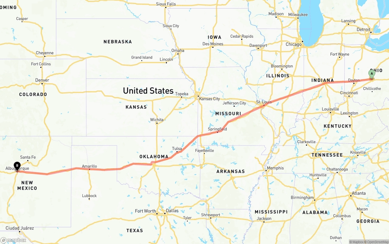Shipping route from Columbus to Albuquerque