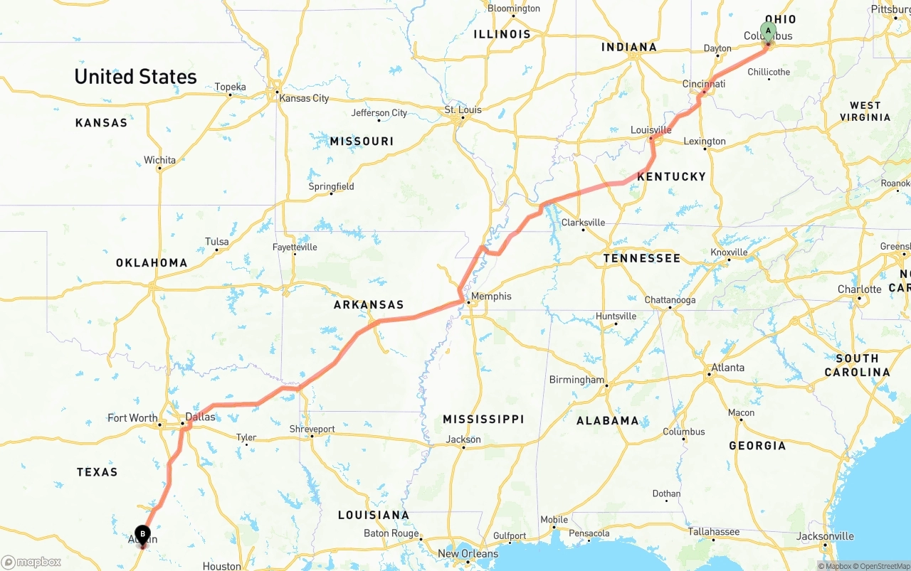 Shipping route from Columbus to Austin