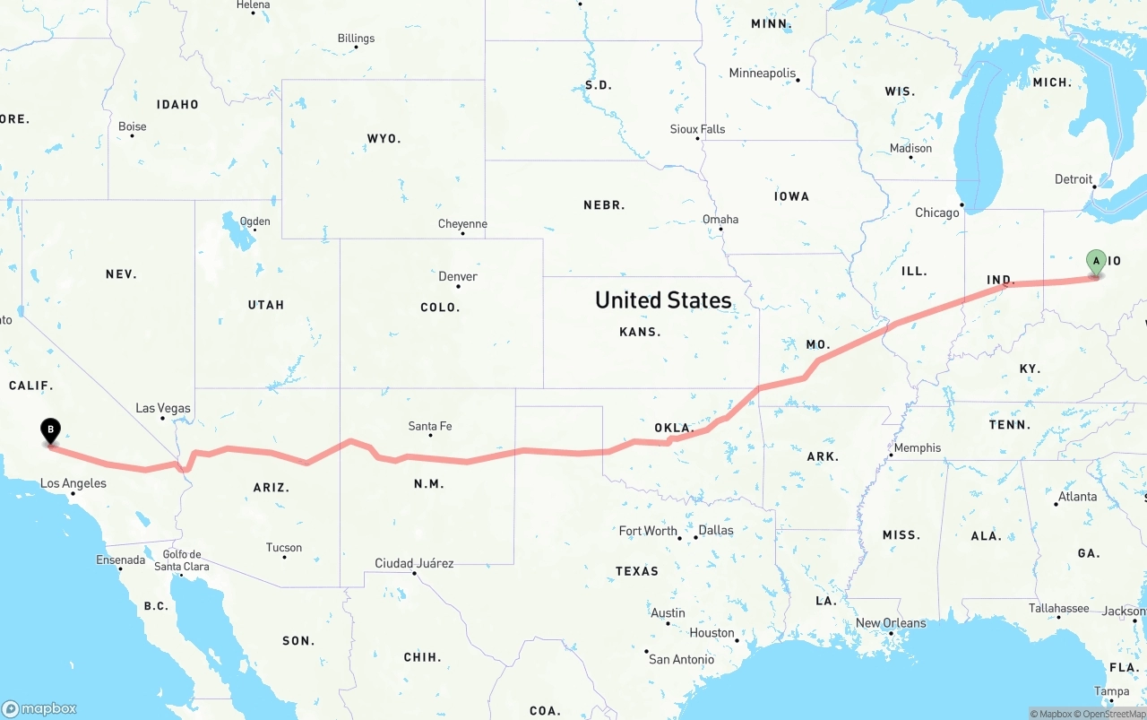 Shipping route from Columbus to Bakersfield