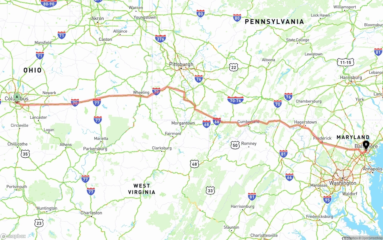 Shipping route from Columbus to Baltimore