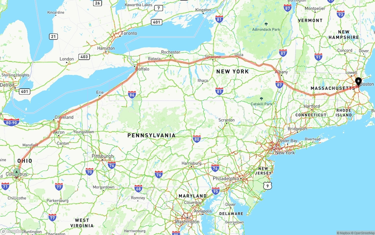 Shipping route from Columbus to Boston
