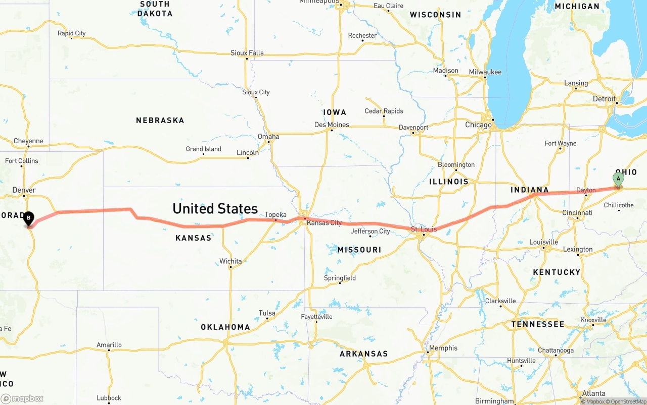 Shipping route from Columbus to Colorado Springs