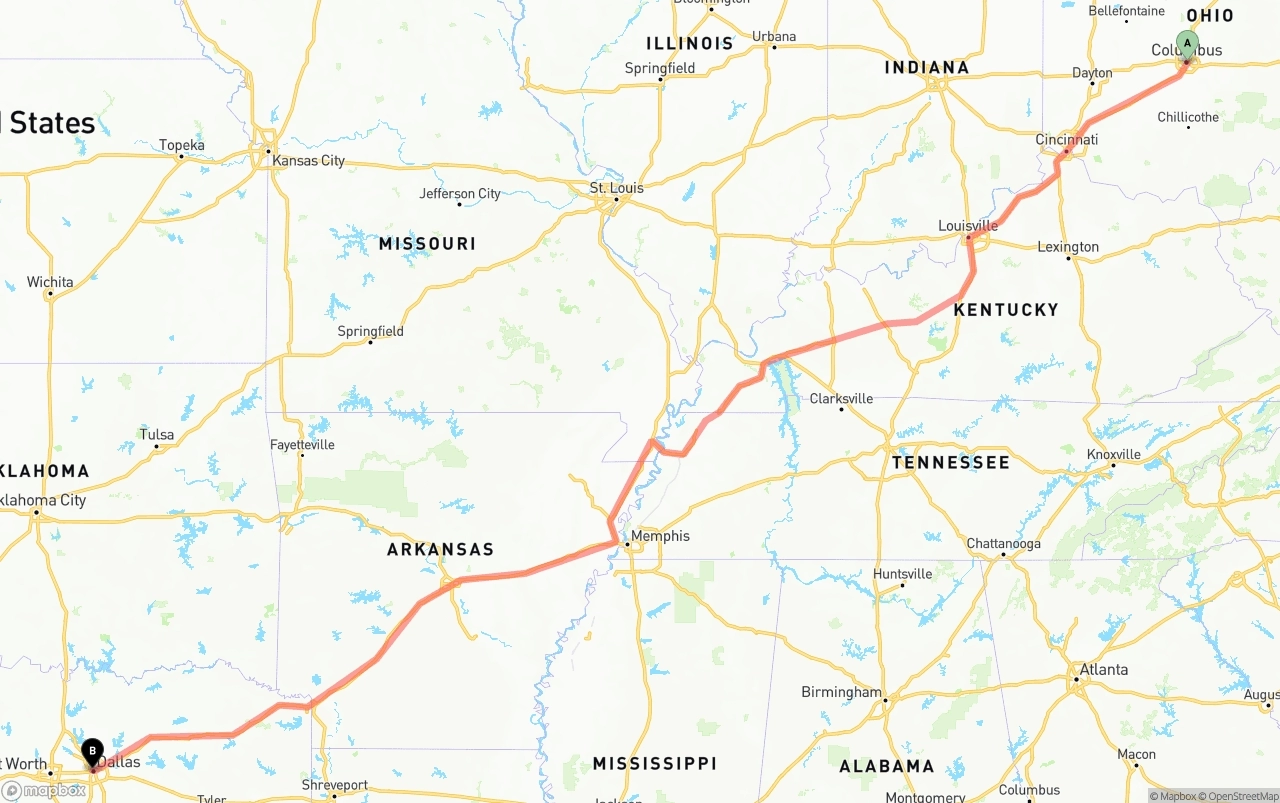 Shipping route from Columbus to Dallas