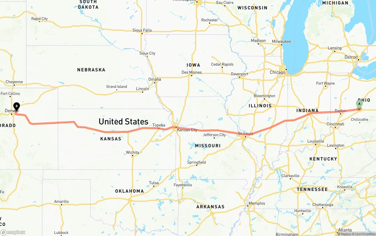 Shipping route from Columbus to Denver International Airport