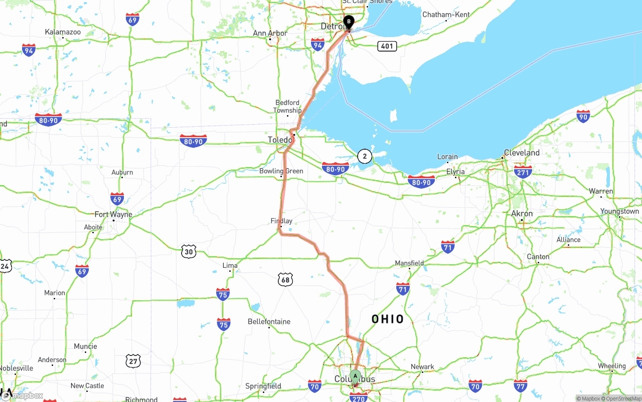 Shipping route from Columbus to Detroit