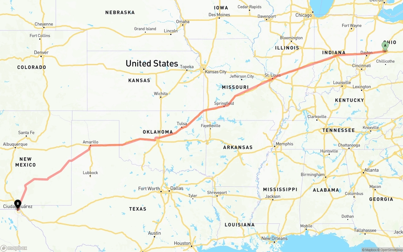 Shipping route from Columbus to El Paso