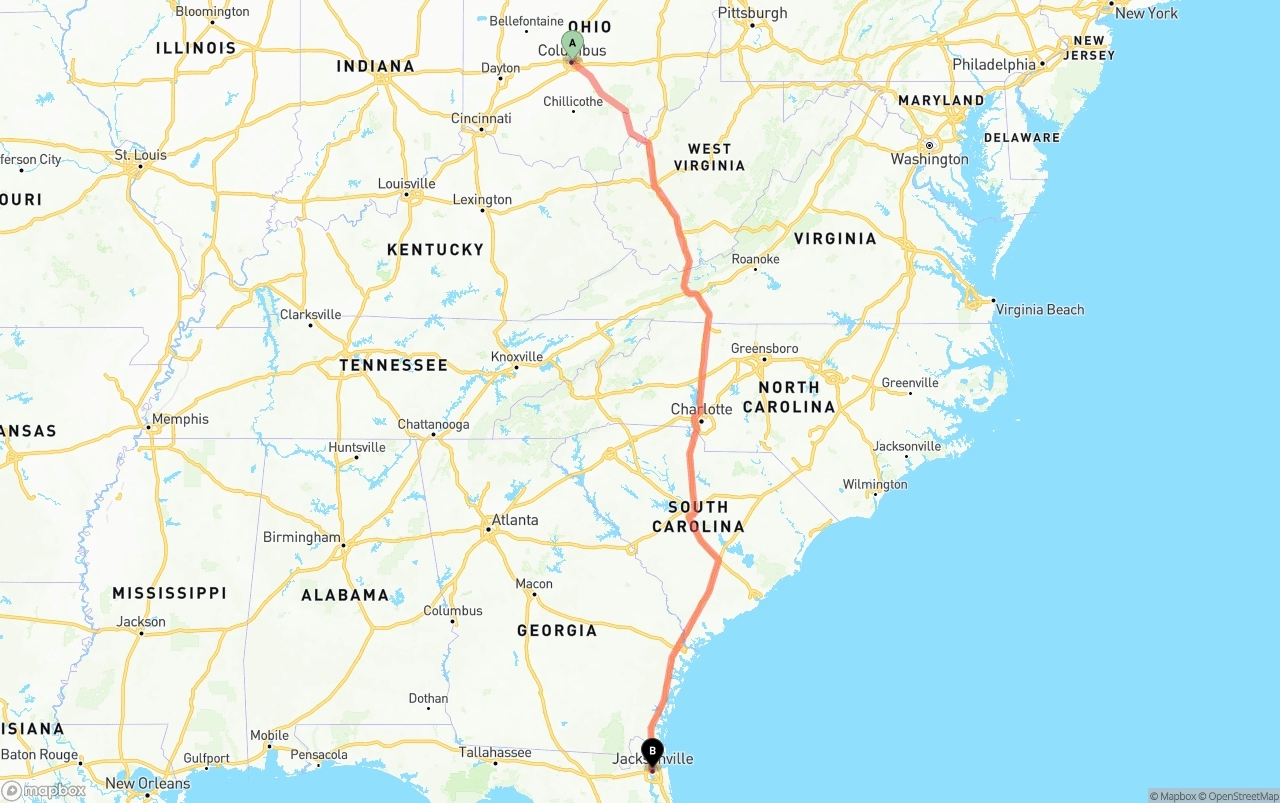 Shipping route from Columbus to Jacksonville