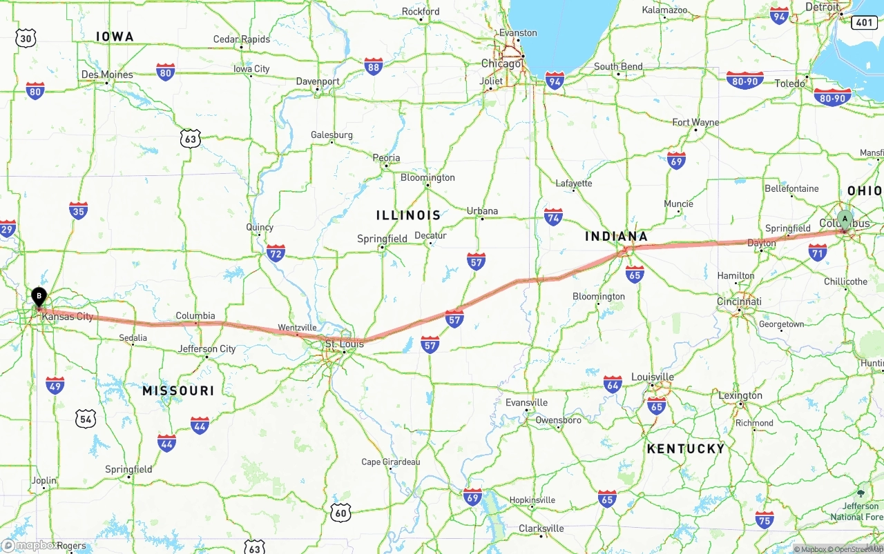 Shipping route from Columbus to Kansas City