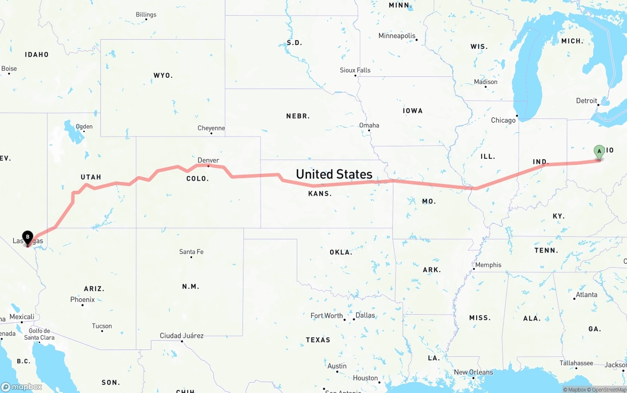 Shipping route from Columbus to Las Vegas