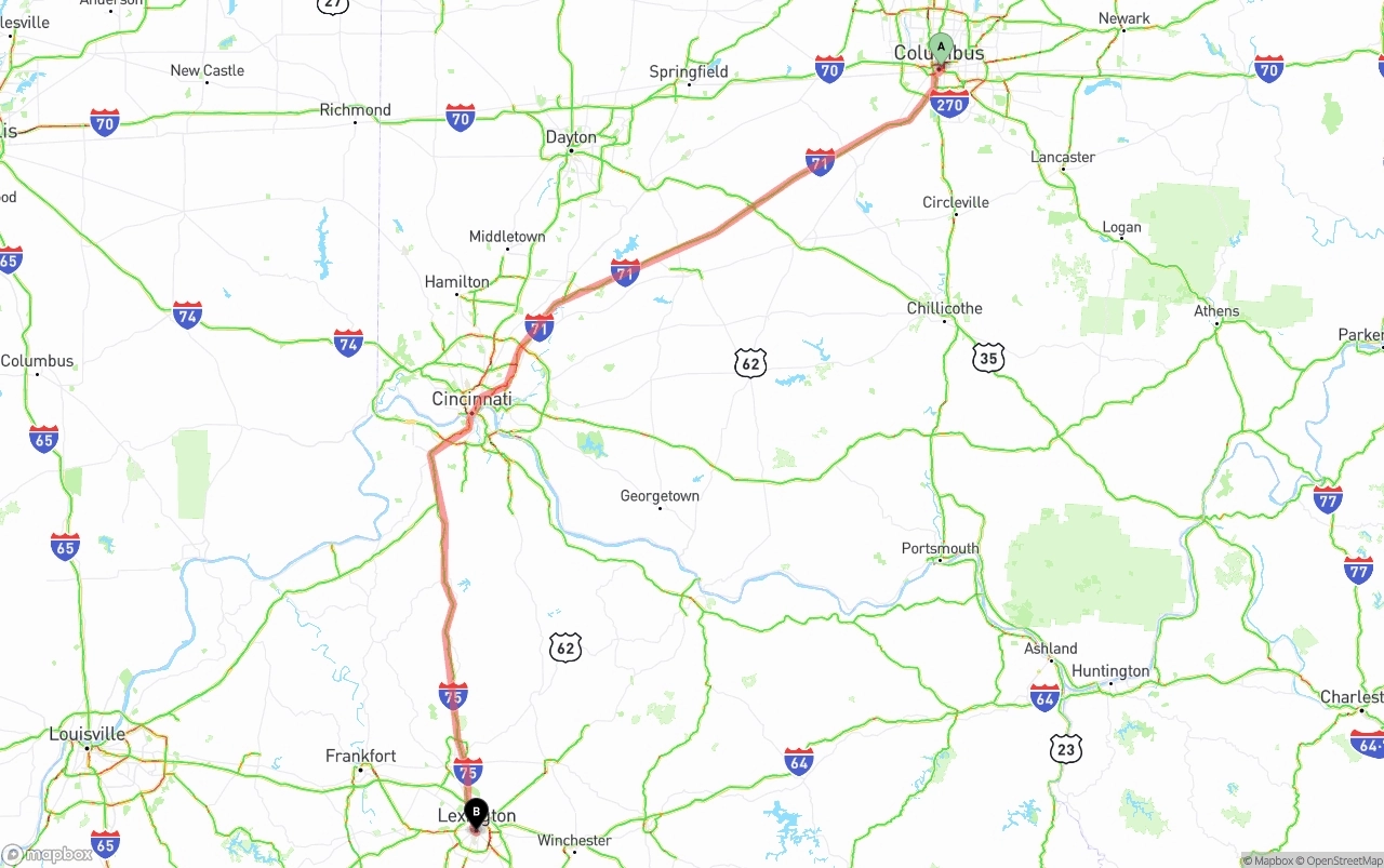 Shipping route from Columbus to Lexington