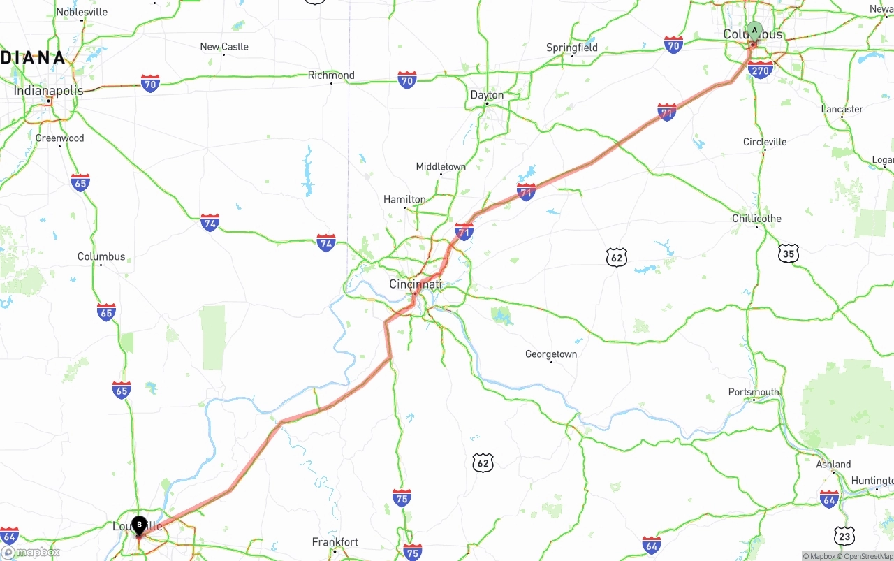 Shipping route from Columbus to Louisville