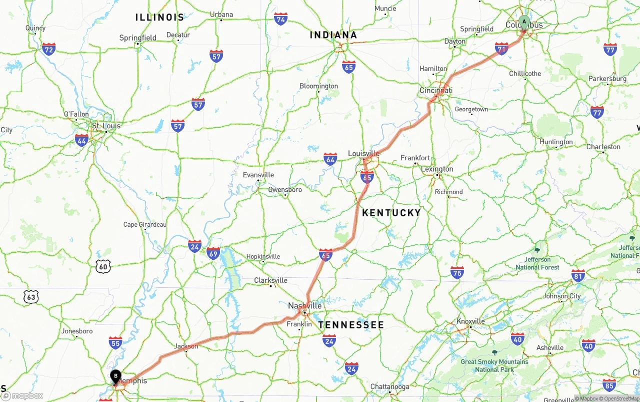 Shipping route from Columbus to Memphis