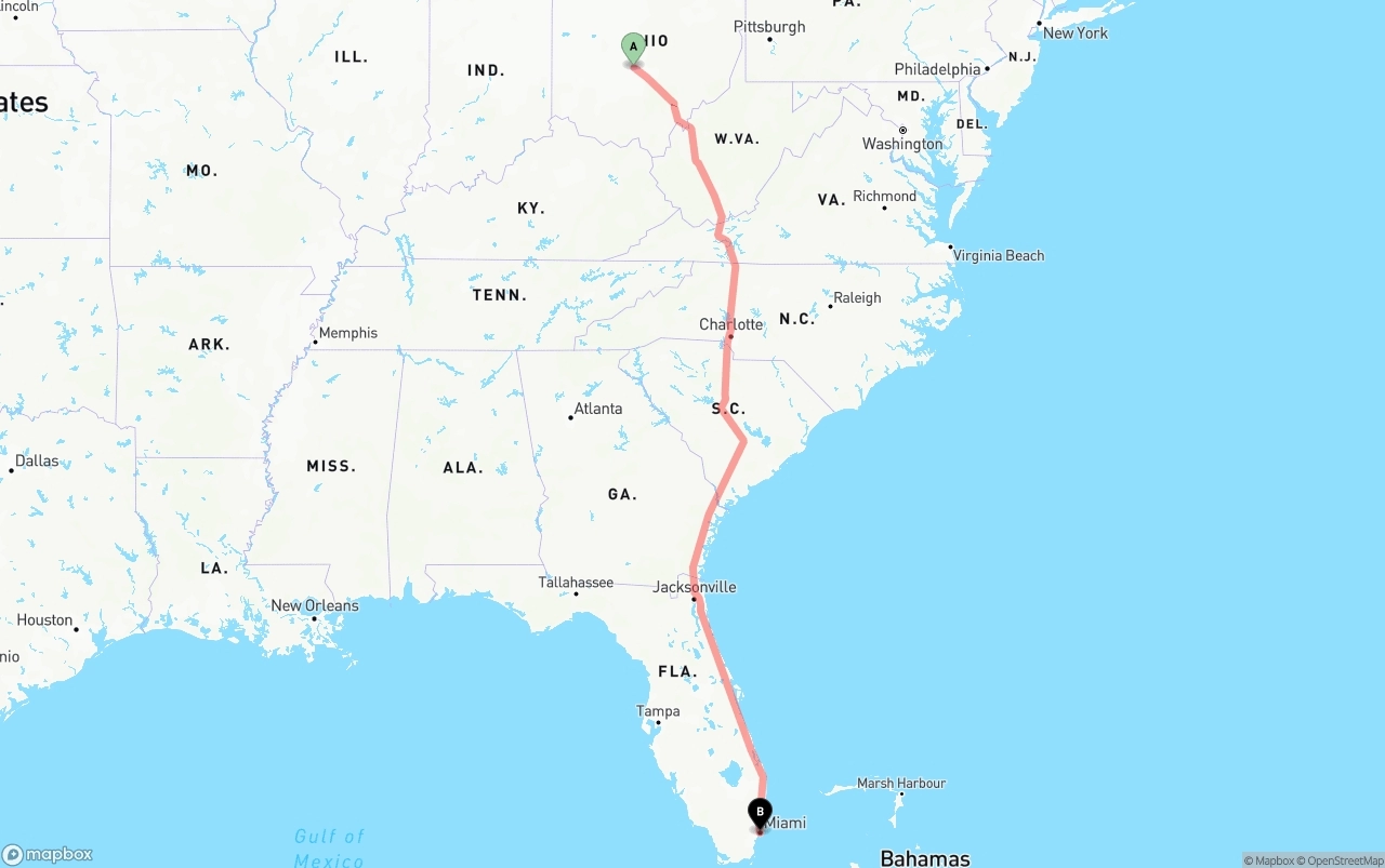 Shipping route from Columbus to Miami