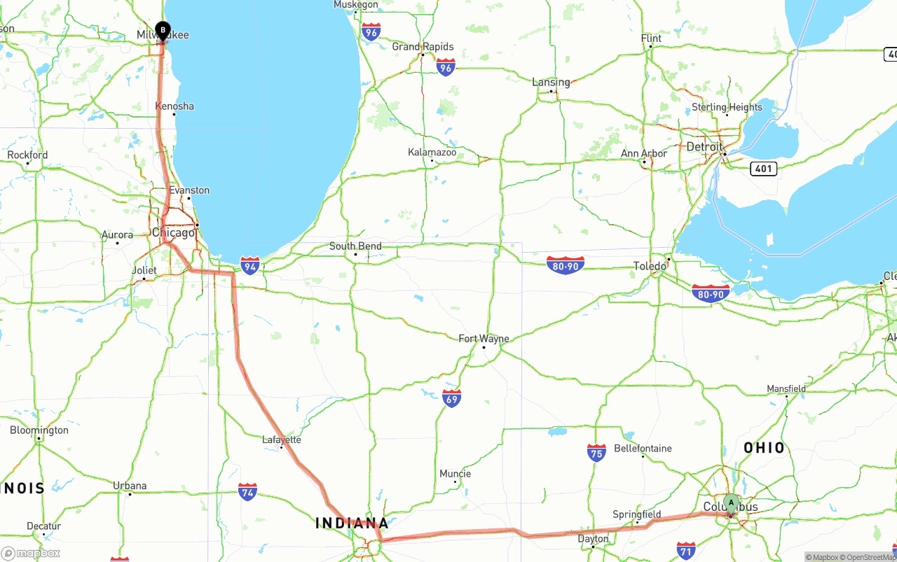 Shipping route from Columbus to Milwaukee