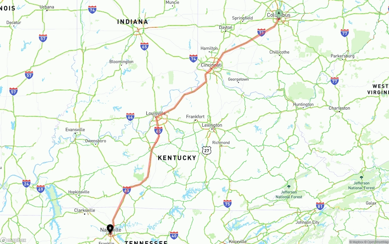 Shipping route from Columbus to Nashville