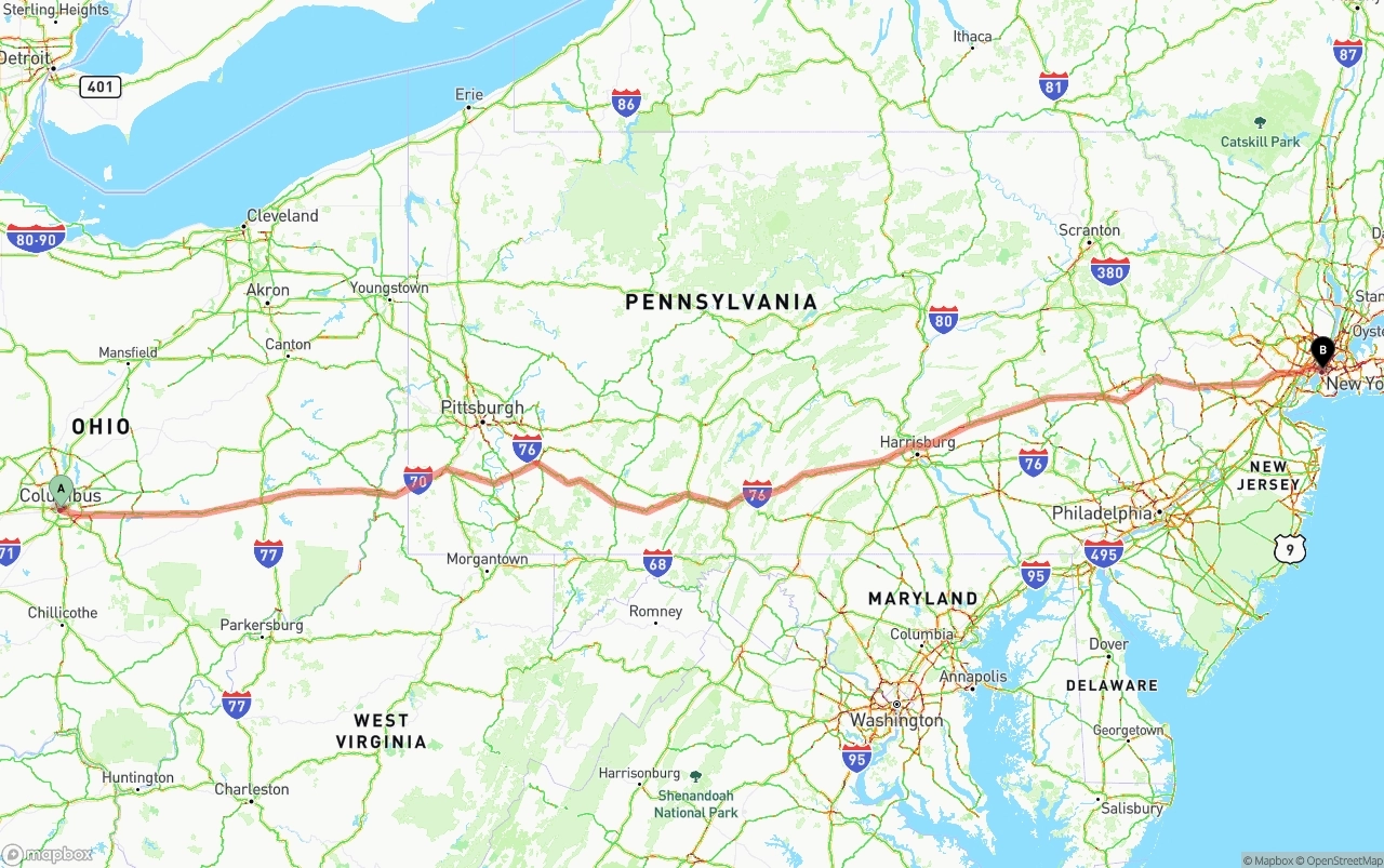 Shipping route from Columbus to New York City