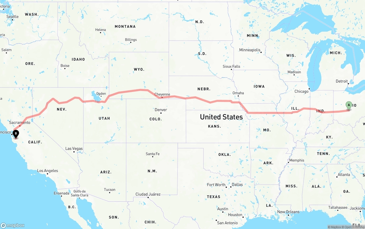 Shipping route from Columbus to Norman Y. Mineta San Jose International Airport