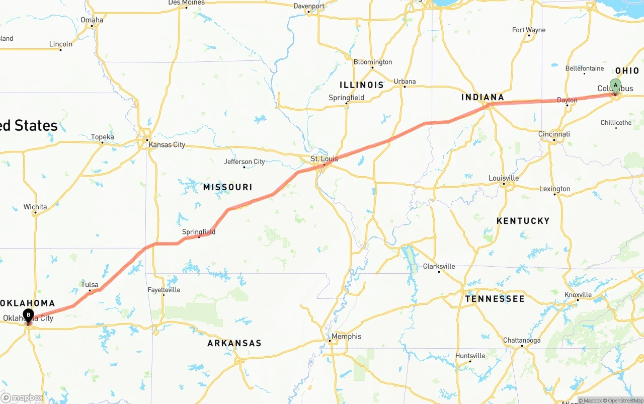 Shipping route from Columbus to Oklahoma City