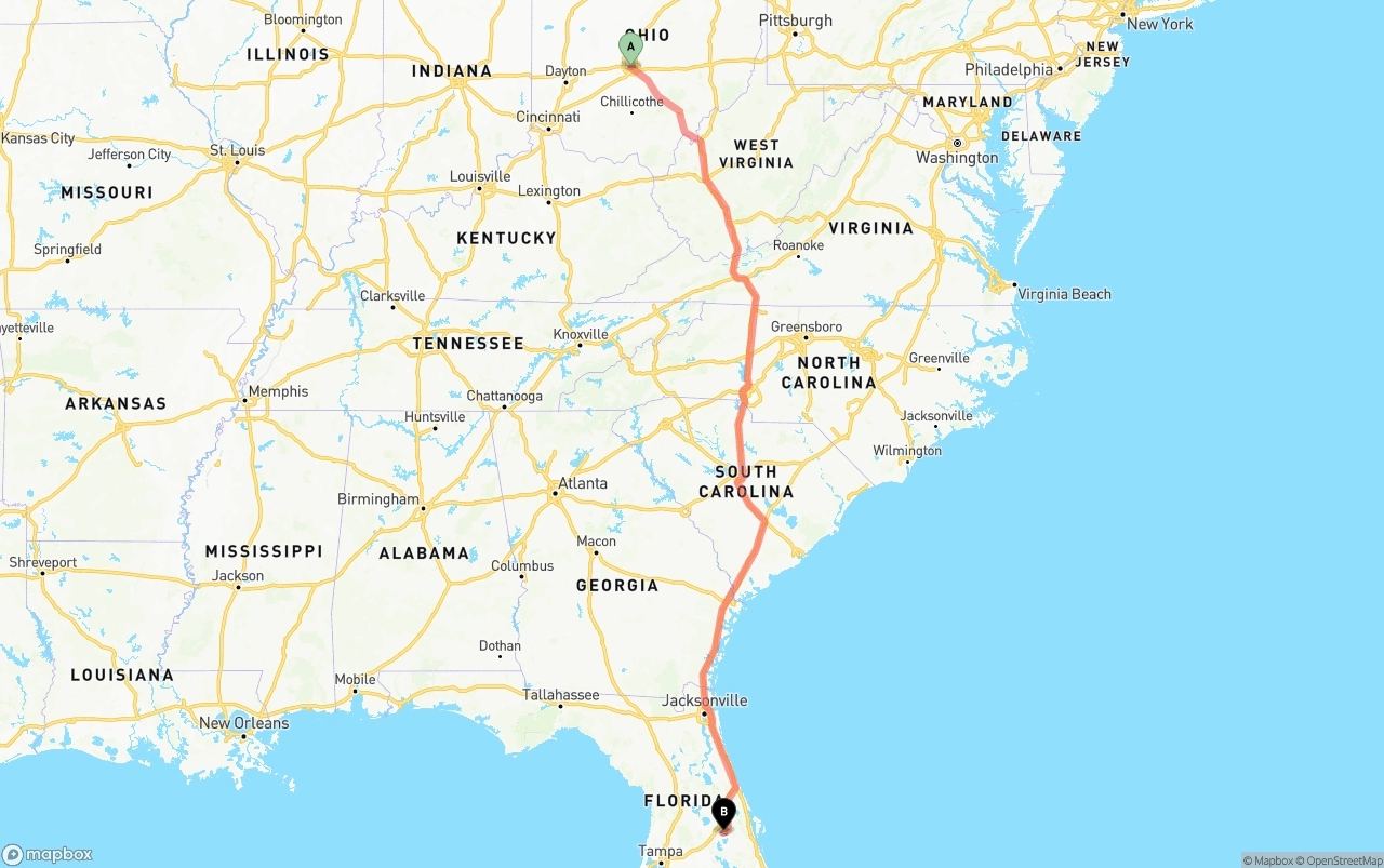 Shipping route from Columbus to Orlando International Airport