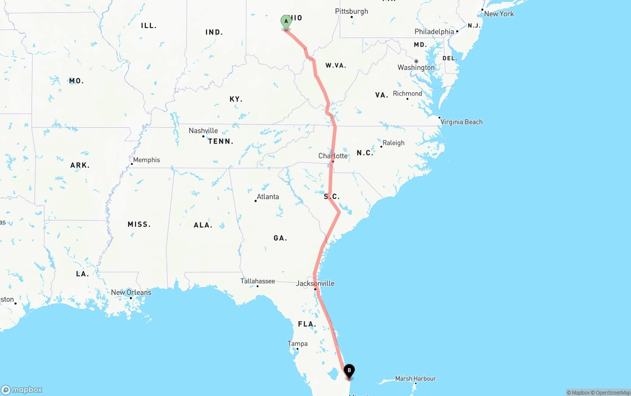 Shipping route from Columbus to Palm Beach International Airport