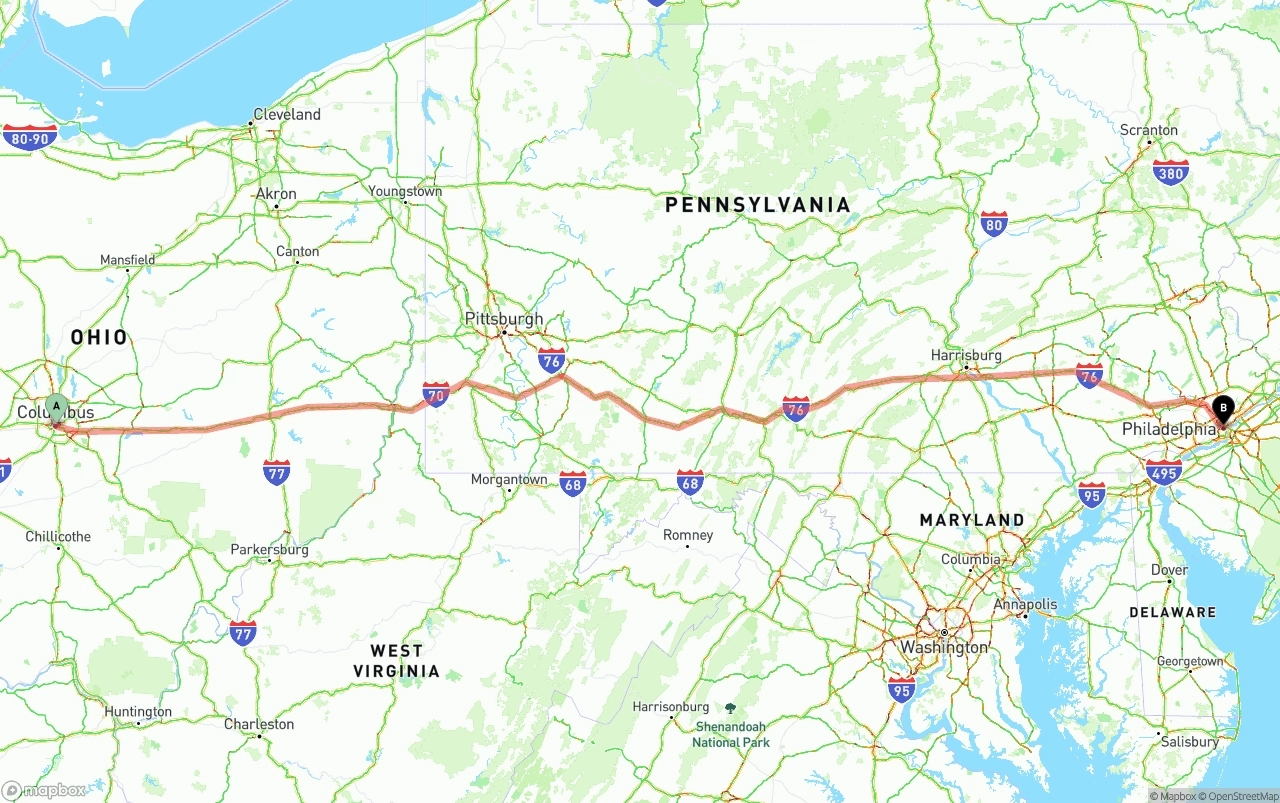 Shipping route from Columbus to Philadelphia