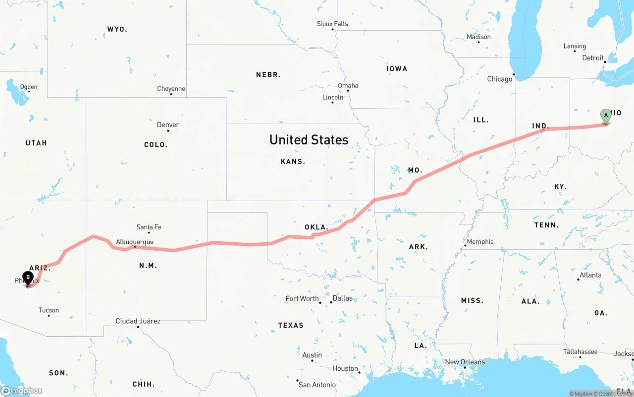 Shipping route from Columbus to Phoenix Sky Harbor International Airport