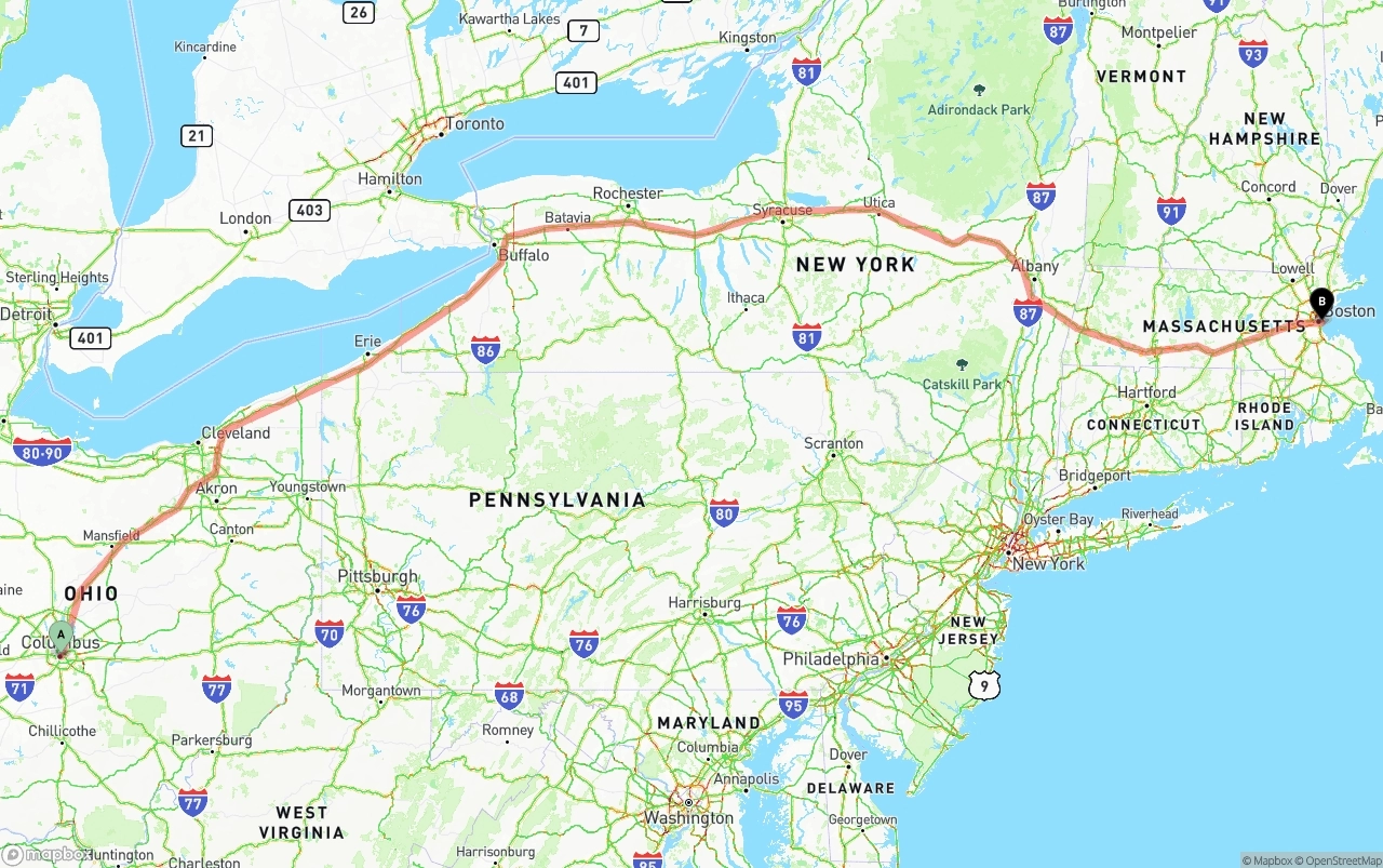 Shipping route from Columbus to Port of Boston