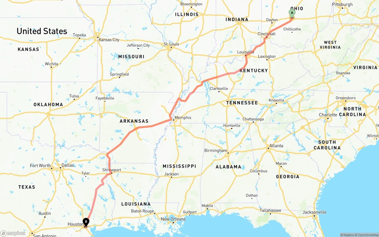 Shipping route from Columbus to Port of Houston
