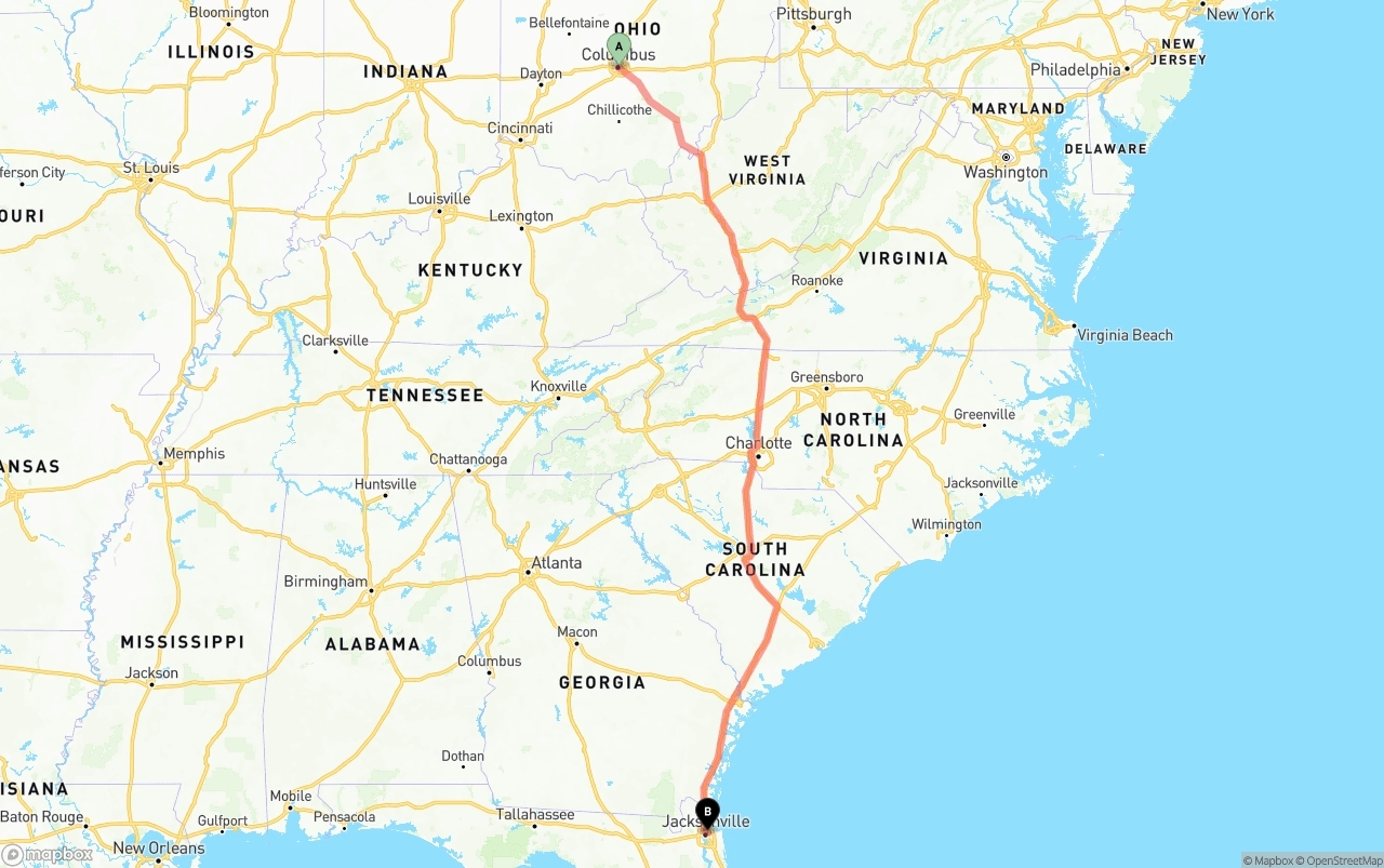 Shipping route from Columbus to Port of Jacksonville