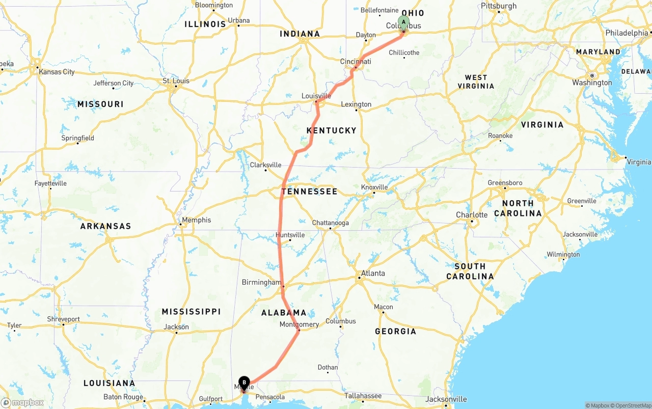 Shipping route from Columbus to Port of Mobile