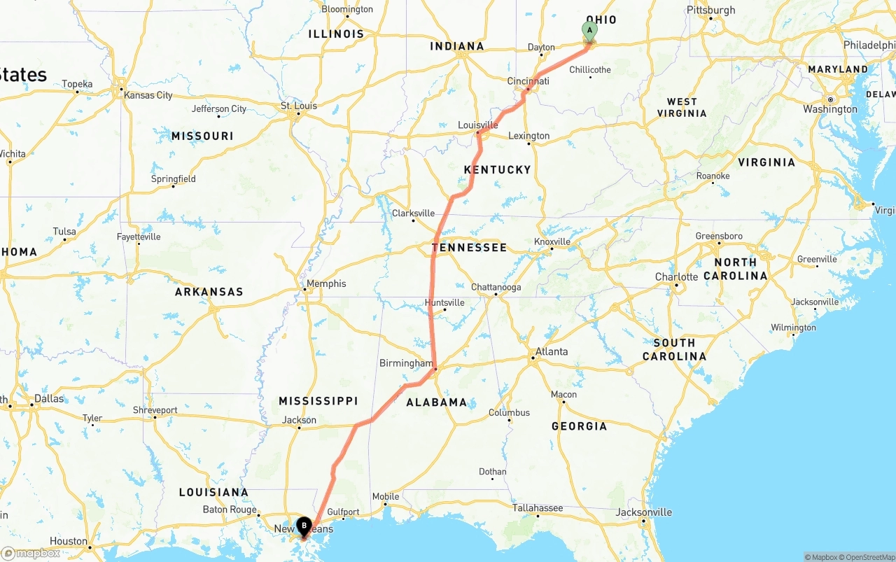 Shipping route from Columbus to Port of New Orleans