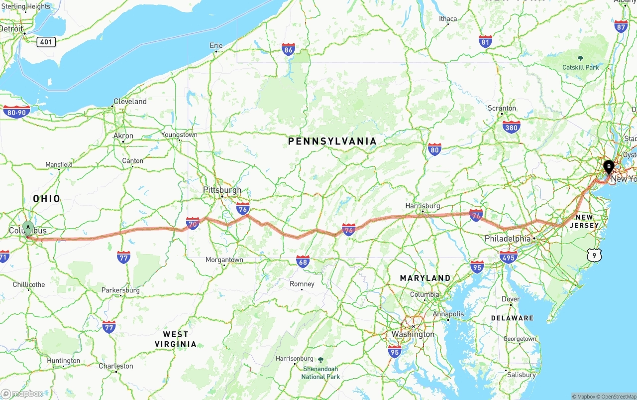 Shipping route from Columbus to Port of New York
