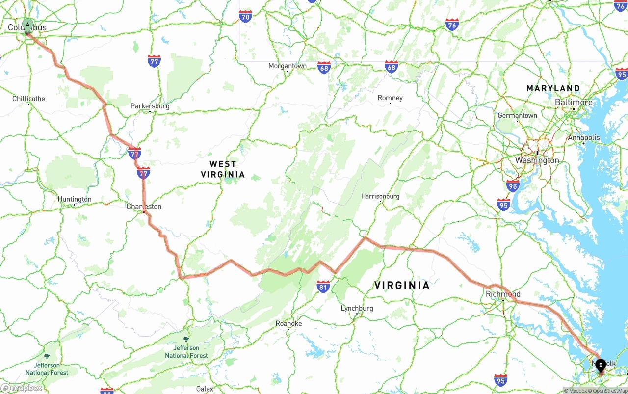 Shipping route from Columbus to Port of Norfolk