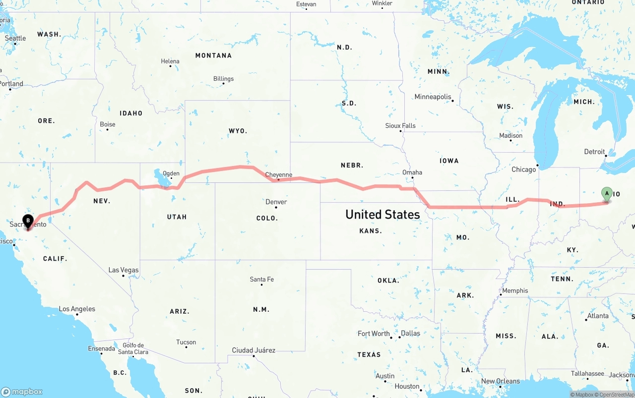 Shipping route from Columbus to Sacramento