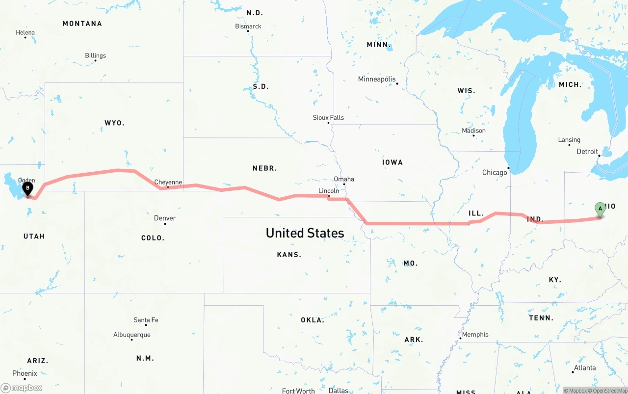 Shipping route from Columbus to Salt Lake City