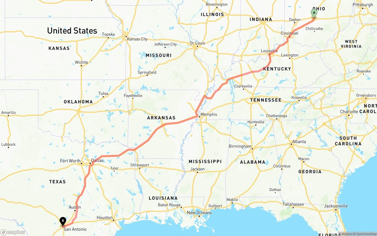 Shipping route from Columbus to San Antonio