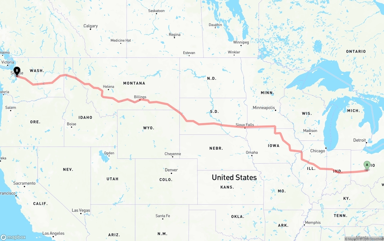 Shipping route from Columbus to Seattle