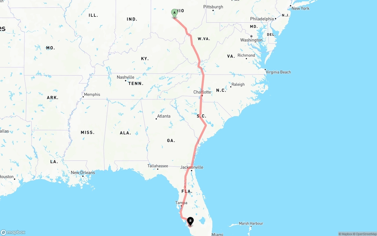 Shipping route from Columbus to Southwest Florida International Airport