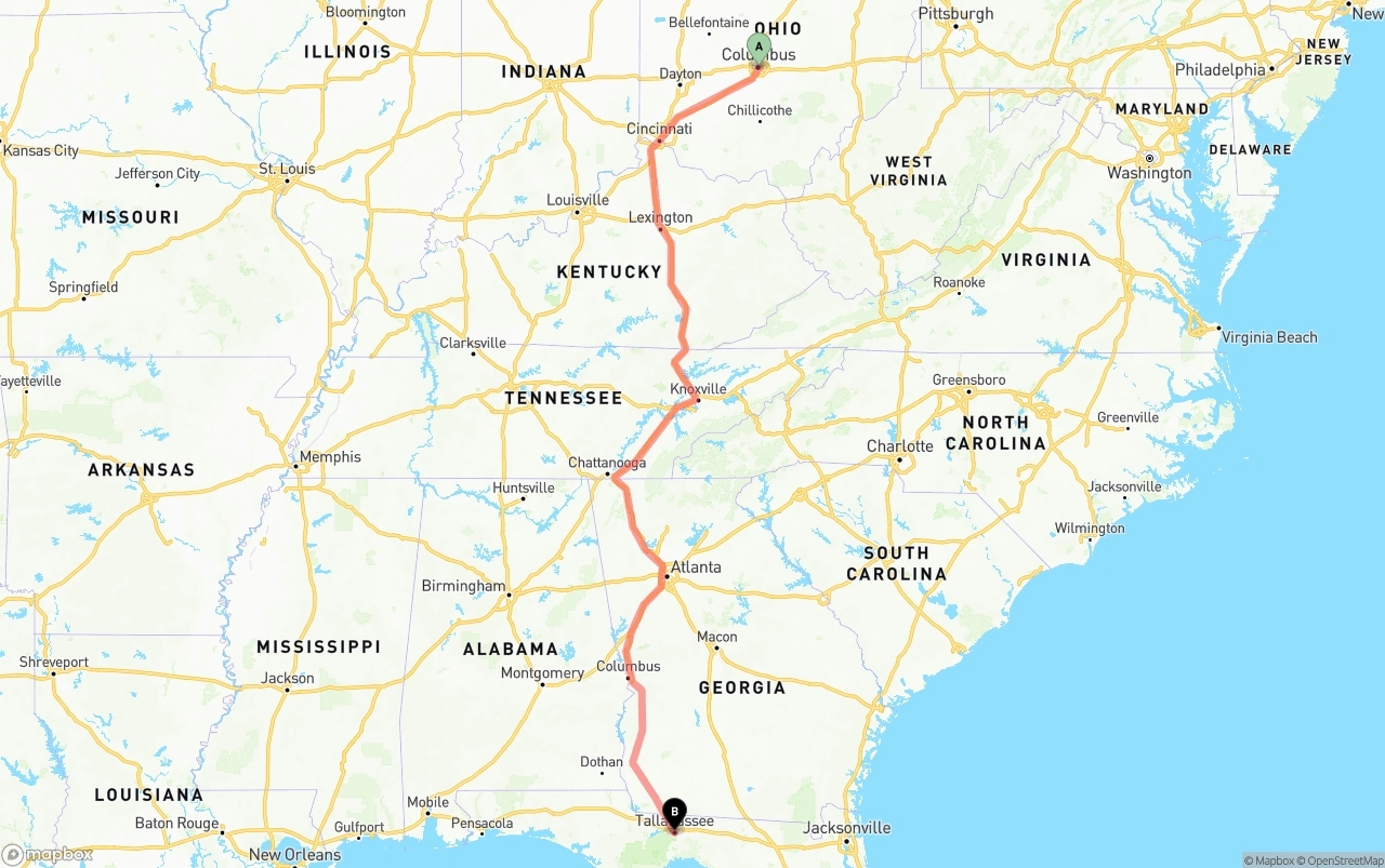 Shipping route from Columbus to Tallahassee