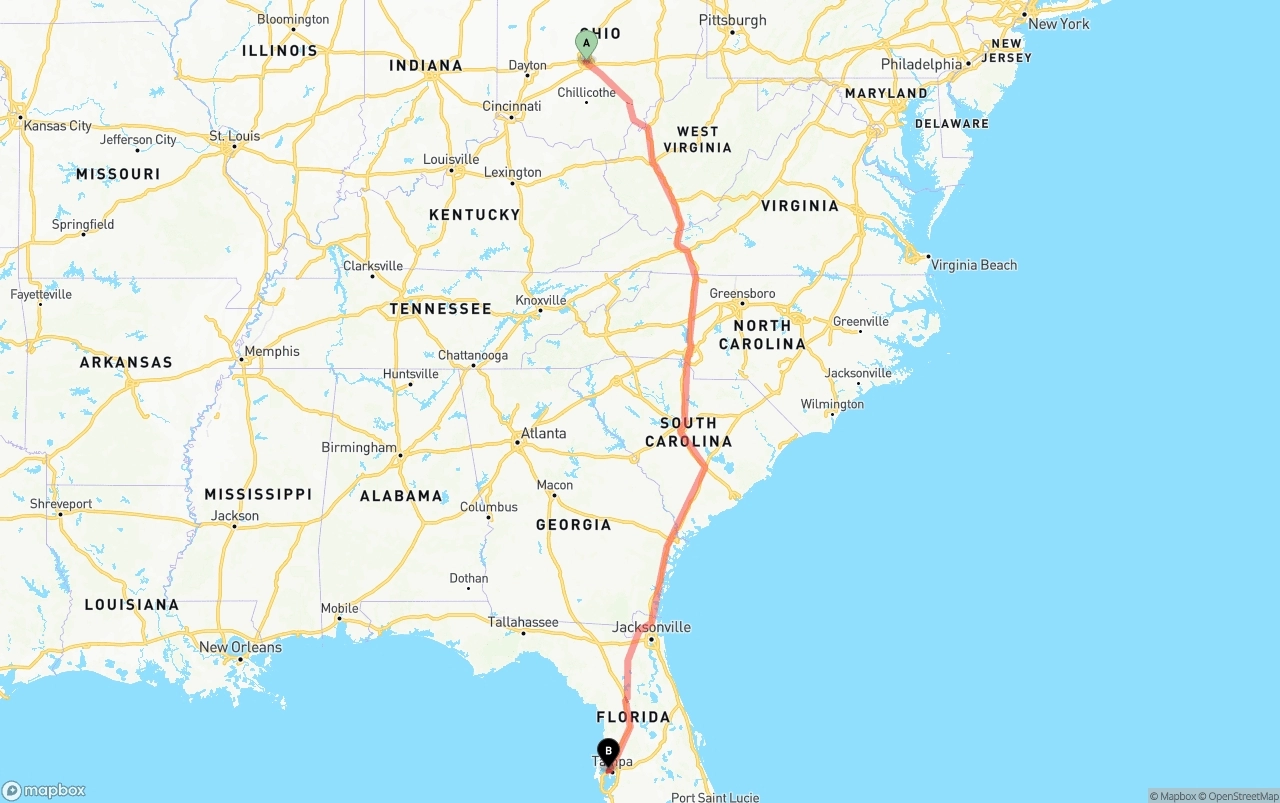 Shipping route from Columbus to Tampa International Airport
